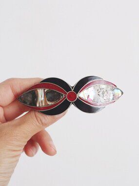 Vintage Alpaca Silver Hair Barrette Mexico Abalone Shell Mother Of Pearl MOP Ena